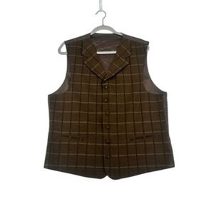 Mens Brown Plaid Tailored Vest Size 42L Classic Waistcoat Buckle Back